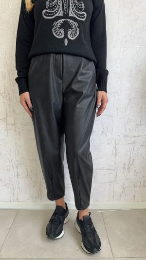 Δερματίνη παντελόνι με λάστιχο στην μέση-Μαυρο