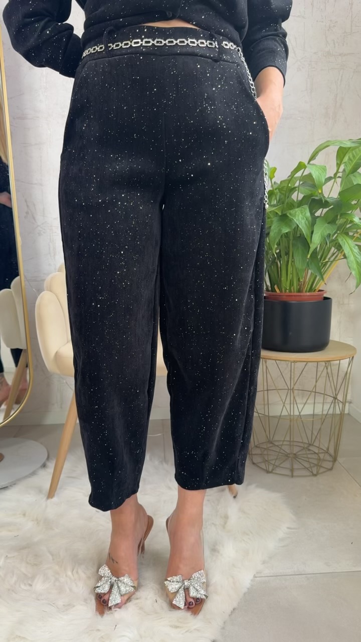 Βελουτέ παντελόνι με γκλιτερ- Μαύρο