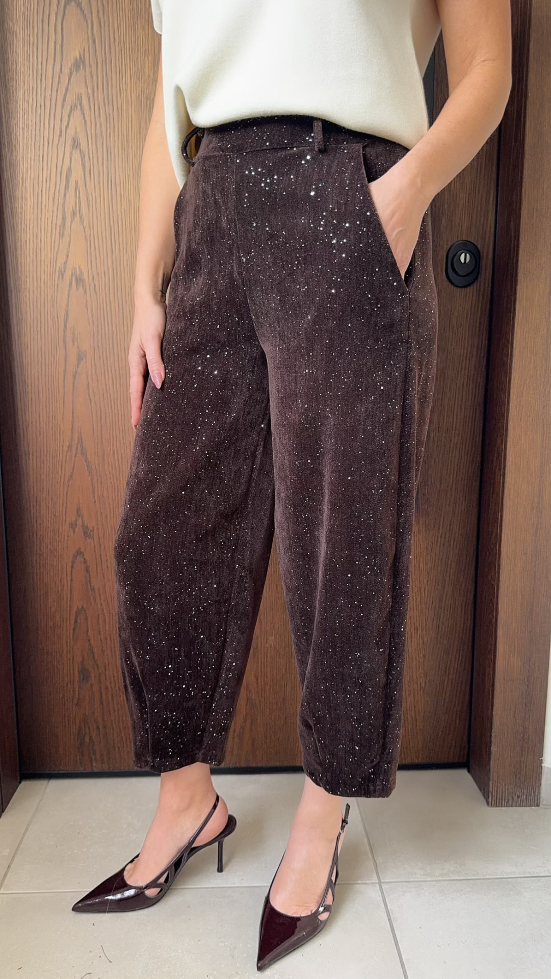 Βελουτέ παντελόνι με γκλιτερ- Καφε