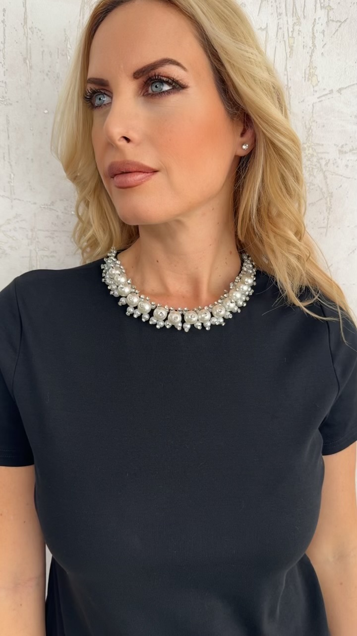 T- shirt με πέρλες και στρας- Μαύρο